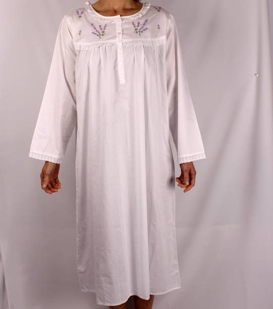 Cotton poplin winter nightie w lace neck and cuffs,  embroidered lilac white Style:AL/ND-350